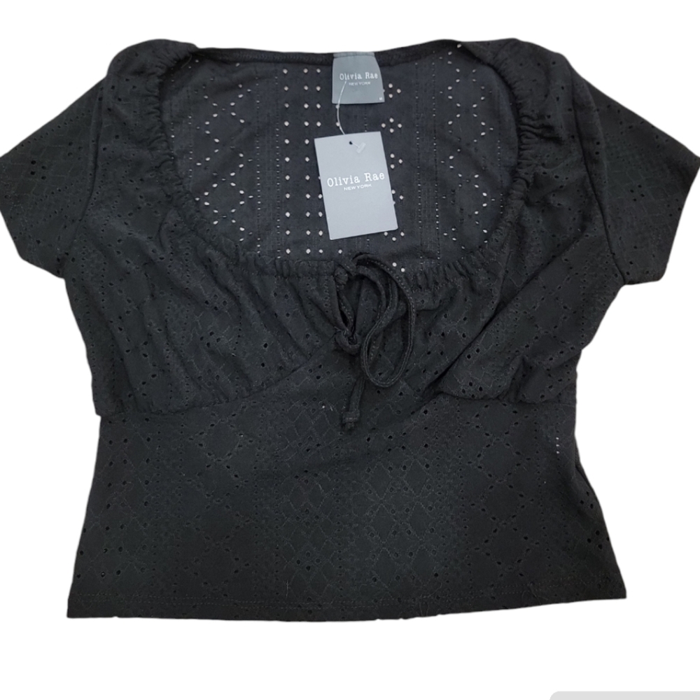 Olivia Rae Crop Top Black Eyelet Extra Small Squareneck Tie Front medium
